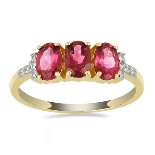 BUY 14K GOLD RUBELLITE GEMSTONE THREE STONES RING